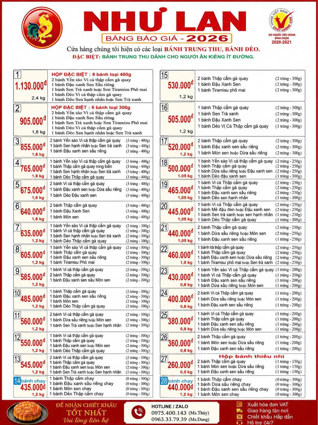 Bảng giá bánh trung thu Như Lan 2026 – trang 2/2